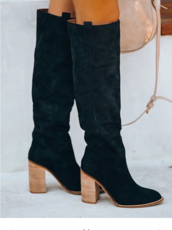 Shoes - Women’s Black Suede Knee-High Block Heel Boots